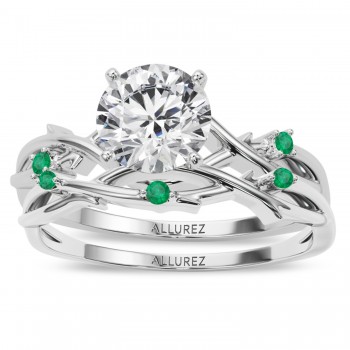 Round Emerald Vine Leaf Engagement Ring Bridal Set in Palladium (0.05ct)