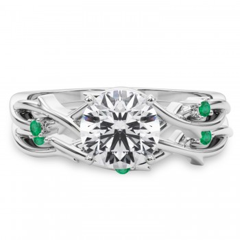Round Emerald Vine Leaf Engagement Ring Bridal Set in Palladium (0.05ct)