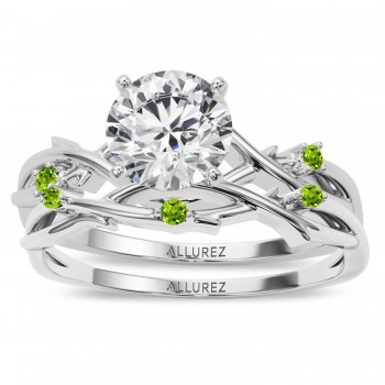 Round Peridot Vine Leaf Engagement Ring Bridal Set in Palladium (0.05ct)