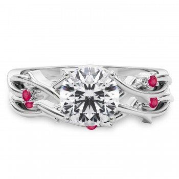 Round Ruby Vine Leaf Engagement Ring Bridal Set in Palladium (0.05ct)