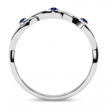Round Blue Sapphire Vine Leaf Ring Wedding Band 18K White Gold (0.03ct)