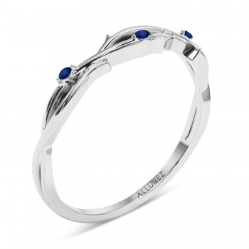 Round Blue Sapphire Vine Leaf Ring Wedding Band in Platinum (0.03ct)