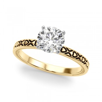 Vintage Style Heart Carved Engagement Ring 14K Yellow Gold