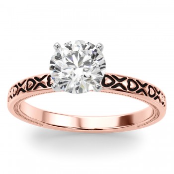 Vintage Style Heart Engraved Engagement Ring 18K Rose Gold