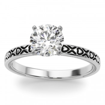 Vintage Style Heart Engraved Engagement Ring in Platinum