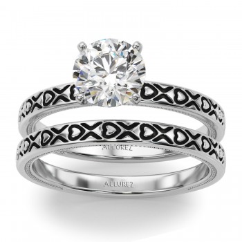 Vintage Style Heart Bridal Set 14K White Gold