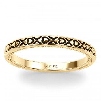 Vintage Style Heart Engraved Wedding Band Ring 14K Yellow Gold