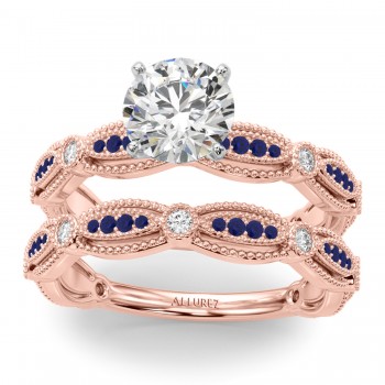 Antique Style Blue Sapphire & Diamond Bridal Ring Set 14K Rose Gold (0.40ct)