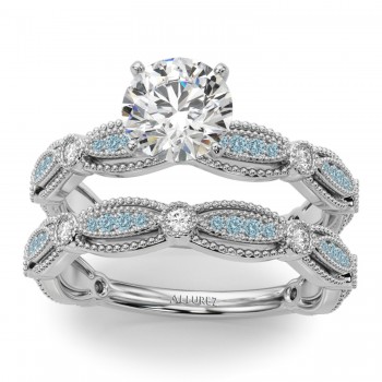Antique Style Aquamarine & Diamond Bridal Ring Set 14K White Gold (0.40ct)