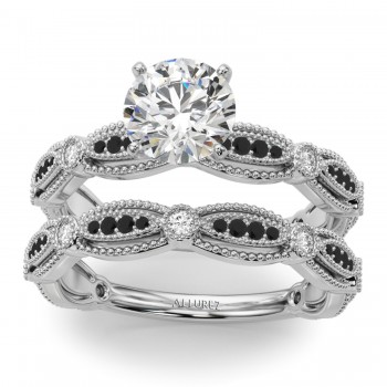 Antique Style Black Diamond & Diamond Bridal Ring Set 14K White Gold (0.40ct)