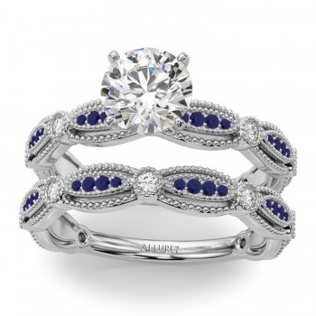 Antique Style Blue Sapphire & Diamond Bridal Ring Set 14K White Gold (0.40ct)