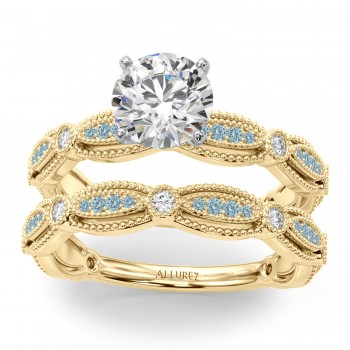 Antique Style Aquamarine & Diamond Bridal Ring Set 14K Yellow Gold (0.40ct)