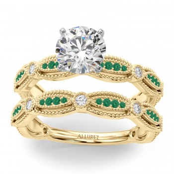Antique Style Emerald & Diamond Bridal Ring Set 14K Yellow Gold (0.40ct)