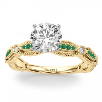 Antique Style Emerald & Diamond Bridal Ring Set 14K Yellow Gold (0.40ct)