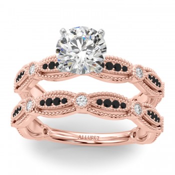 Antique Style Black Diamond & Diamond Bridal Ring Set 18K Rose Gold (0.40ct)