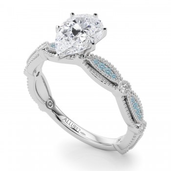 Antique Style Aquamarine & Diamond Bridal Ring Set 18K White Gold (0.40ct)