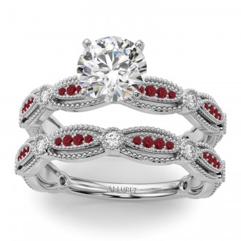 Antique Style Ruby & Diamond Bridal Ring Set 18K White Gold (0.40ct)