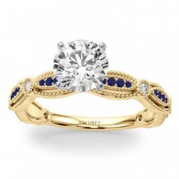 Antique Style Blue Sapphire & Diamond Bridal Ring Set 18K Yellow Gold (0.40ct)