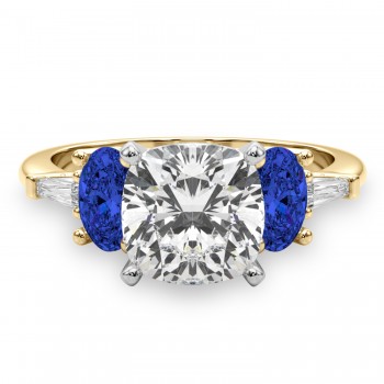 Cushion Cut Lab Grown Diamond & Oval Blue Sapphire Engagement Ring 18K Yellow Gold (4.32ct)