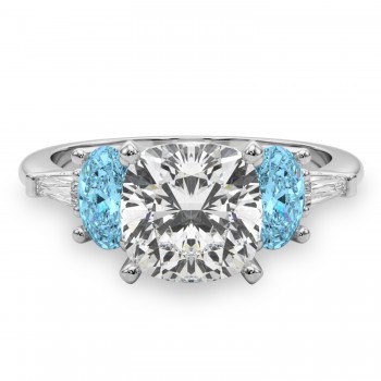 Cushion Cut Lab Grown Diamond & Oval Blue Topaz Engagement Ring in Platinum (4.18ct)