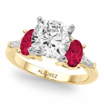 Cushion Cut Lab Grown Diamond & Oval Ruby Engagement Ring 18K Yellow Gold (4.24ct)