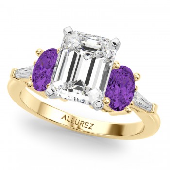 Emerald Cut Lab Grown Diamond & Oval Amethyst Engagement Ring 18K Yellow Gold (3.98ct)