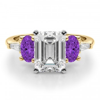 Emerald Cut Lab Grown Diamond & Oval Amethyst Engagement Ring 18K Yellow Gold (3.98ct)