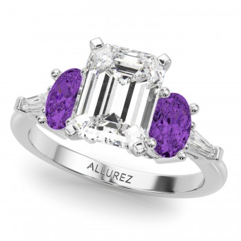Emerald Cut Lab Grown Diamond & Oval Amethyst Engagement Ring in Platinum (3.98ct)