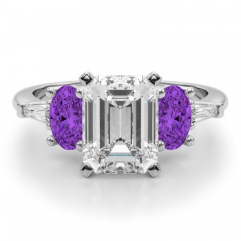 Emerald Cut Lab Grown Diamond & Oval Amethyst Engagement Ring in Platinum (3.98ct)
