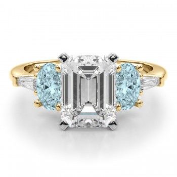 Emerald Cut Lab Grown Diamond & Oval Aquamarine Engagement Ring 14K Yellow Gold (3.98ct)