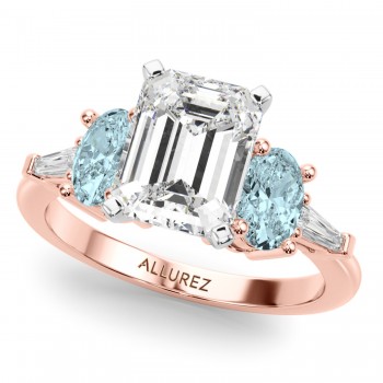 Emerald Cut Lab Grown Diamond & Oval Aquamarine Engagement Ring 18K Rose Gold (3.98ct)
