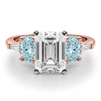 Emerald Cut Lab Grown Diamond & Oval Aquamarine Engagement Ring 18K Rose Gold (3.98ct)