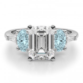 Emerald Cut Lab Grown Diamond & Oval Aquamarine Engagement Ring in Platinum (3.98ct)