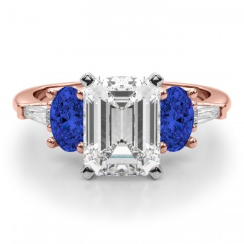 Emerald Cut Lab Grown Diamond & Oval Blue Sapphire Engagement Ring 18K Rose Gold (4.32ct)