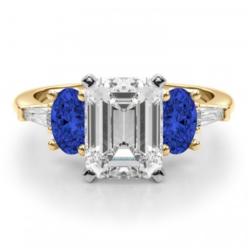 Emerald Cut Lab Grown Diamond & Oval Blue Sapphire Engagement Ring 18K Yellow Gold (4.32ct)