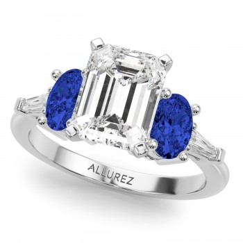 Emerald Cut Lab Grown Diamond & Oval Blue Sapphire Engagement Ring in Platinum (4.32ct)