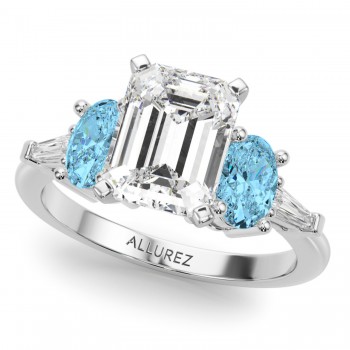 Emerald Cut Lab Grown Diamond & Oval Blue Topaz Engagement Ring 18K White Gold (4.18ct)