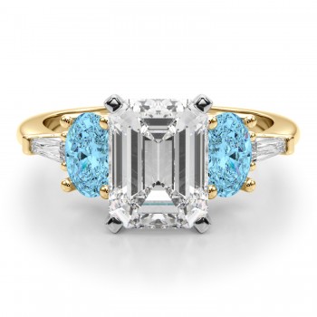 Emerald Cut Lab Grown Diamond & Oval Blue Topaz Engagement Ring 18K Yellow Gold (4.18ct)