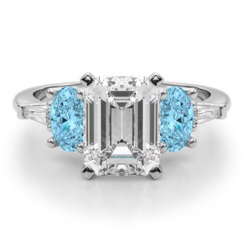 Emerald Cut Lab Grown Diamond & Oval Blue Topaz Engagement Ring in Platinum (4.18ct)