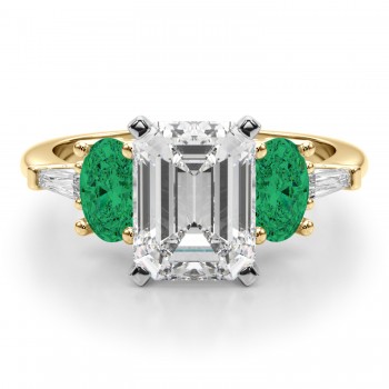 Emerald Cut Lab Grown Diamond & Oval Emerald Engagement Ring 18K Yellow Gold (3.98ct)