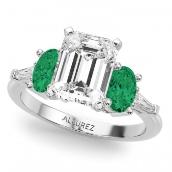 Emerald Cut Lab Grown Diamond & Oval Emerald Engagement Ring in Platinum (3.98ct)
