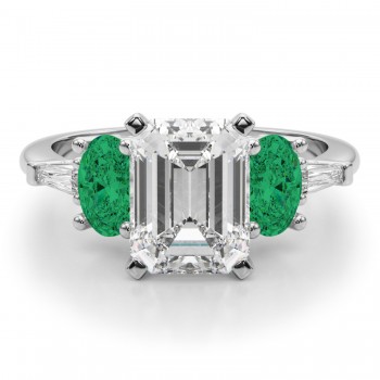 Emerald Cut Lab Grown Diamond & Oval Emerald Engagement Ring in Platinum (3.98ct)