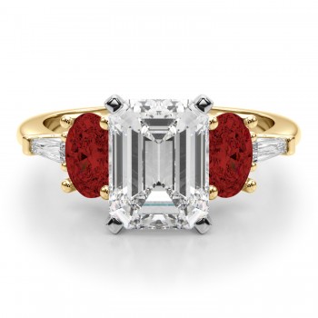Emerald Cut Lab Grown Diamond & Oval Garnet Engagement Ring 18K Yellow Gold (4.18ct)