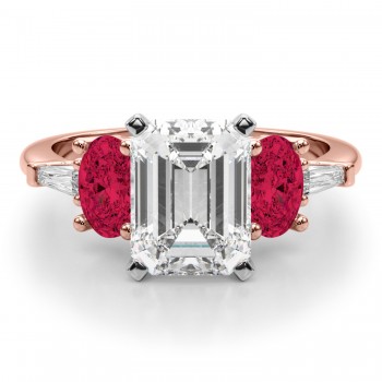Emerald Cut Lab Grown Diamond & Oval Ruby Engagement Ring 14K Rose Gold (4.24ct)