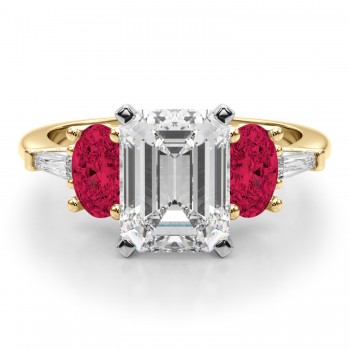 Emerald Cut Lab Grown Diamond & Oval Ruby Engagement Ring 18K Yellow Gold (4.24ct)