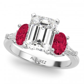 Emerald Cut Lab Grown Diamond & Oval Ruby Engagement Ring in Platinum (4.24ct)
