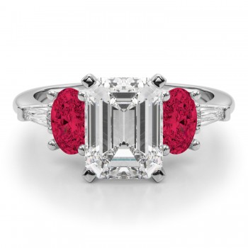 Emerald Cut Lab Grown Diamond & Oval Ruby Engagement Ring in Platinum (4.24ct)