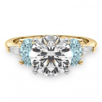 Round Lab Grown Diamond & Oval Aquamarine Engagement Ring 18K Yellow Gold (3.98ct)
