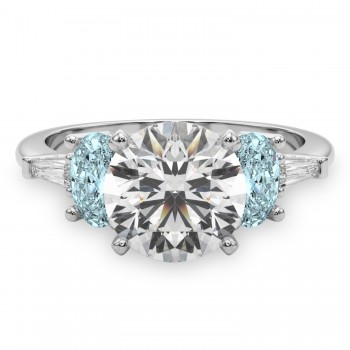 Round Lab Grown Diamond & Oval Aquamarine Engagement Ring in Platinum (3.98ct)