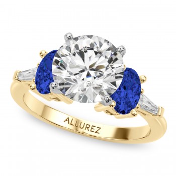 Round Lab Grown Diamond & Oval Blue Sapphire Engagement Ring 18K Yellow Gold (4.32ct)